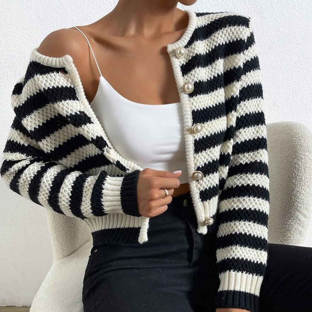 Black And White Boho Womens Striped Pattern Button Front Cardigan - Picture 5 of 5